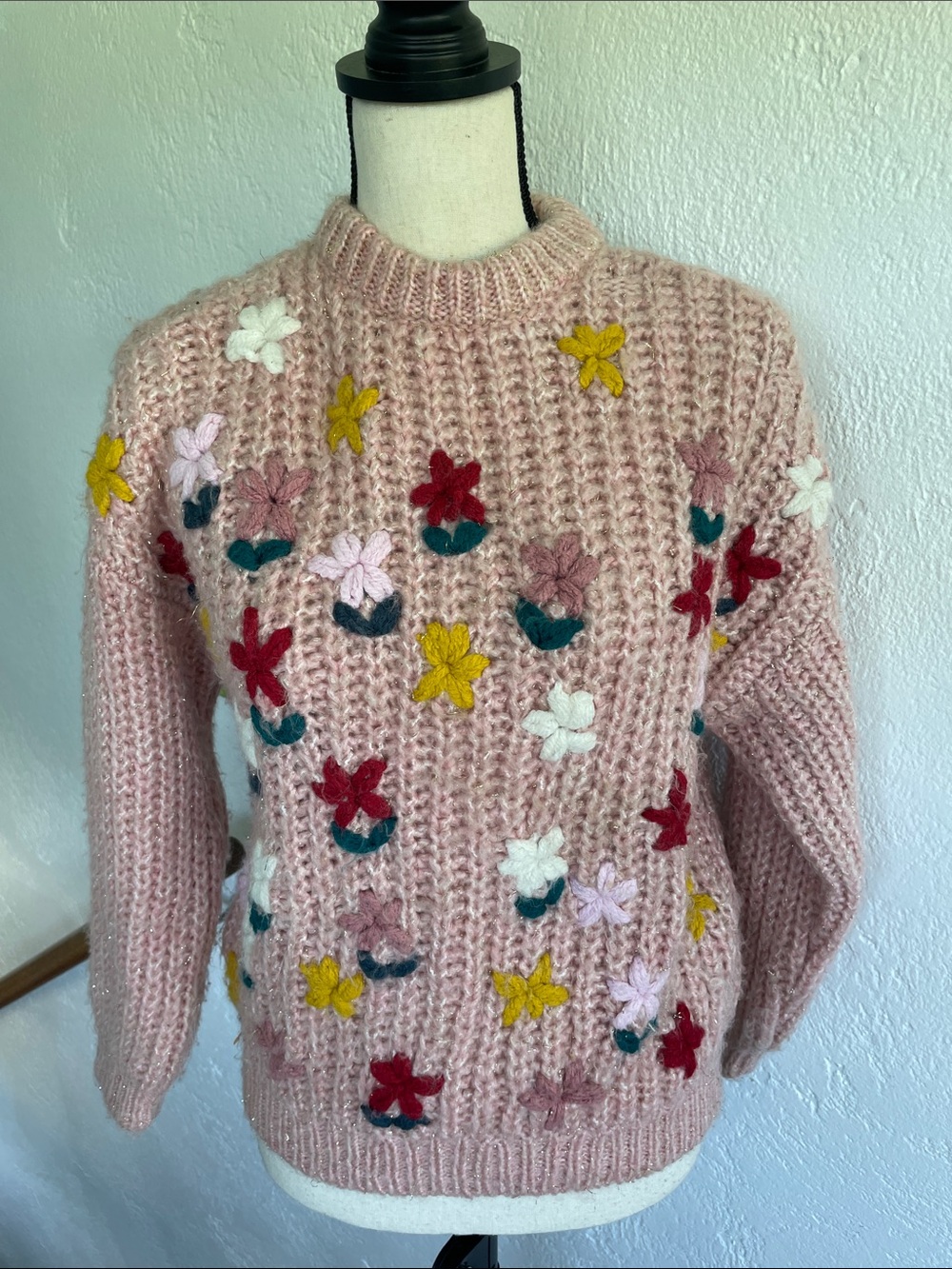 Zara Pink Chunky Knit Sweater with Multicolor Floral Appliqués Small